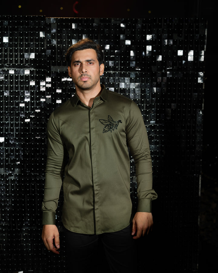 Olive Green shirt with hand embroided Black Cutdana  Pocket square Bee