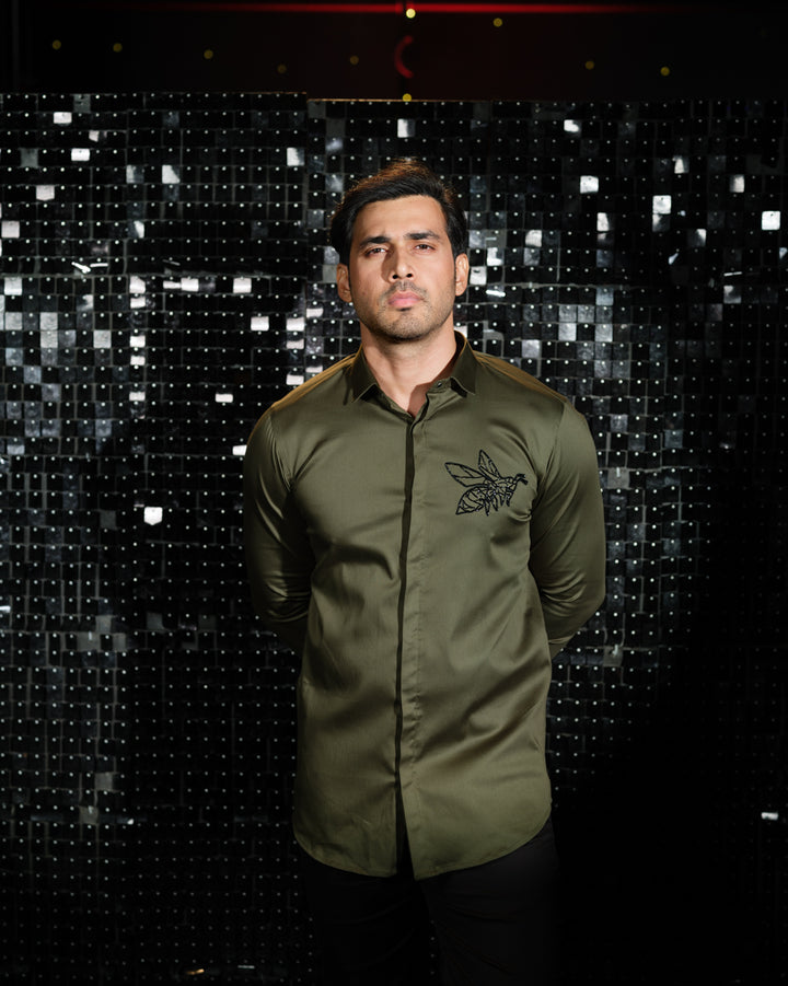 Olive Green shirt with hand embroided Black Cutdana  Pocket square Bee