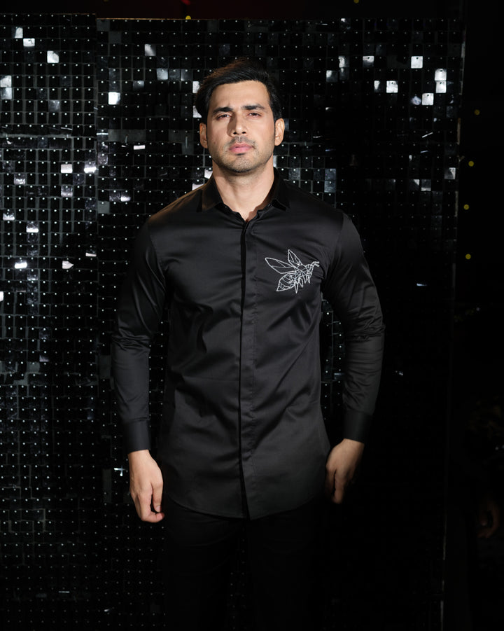 Black shirt with hand embroided Silver Cutdana  Pocket square Bee