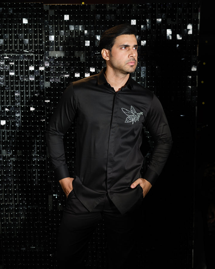 Black shirt with hand embroided Silver Cutdana  Pocket square Bee