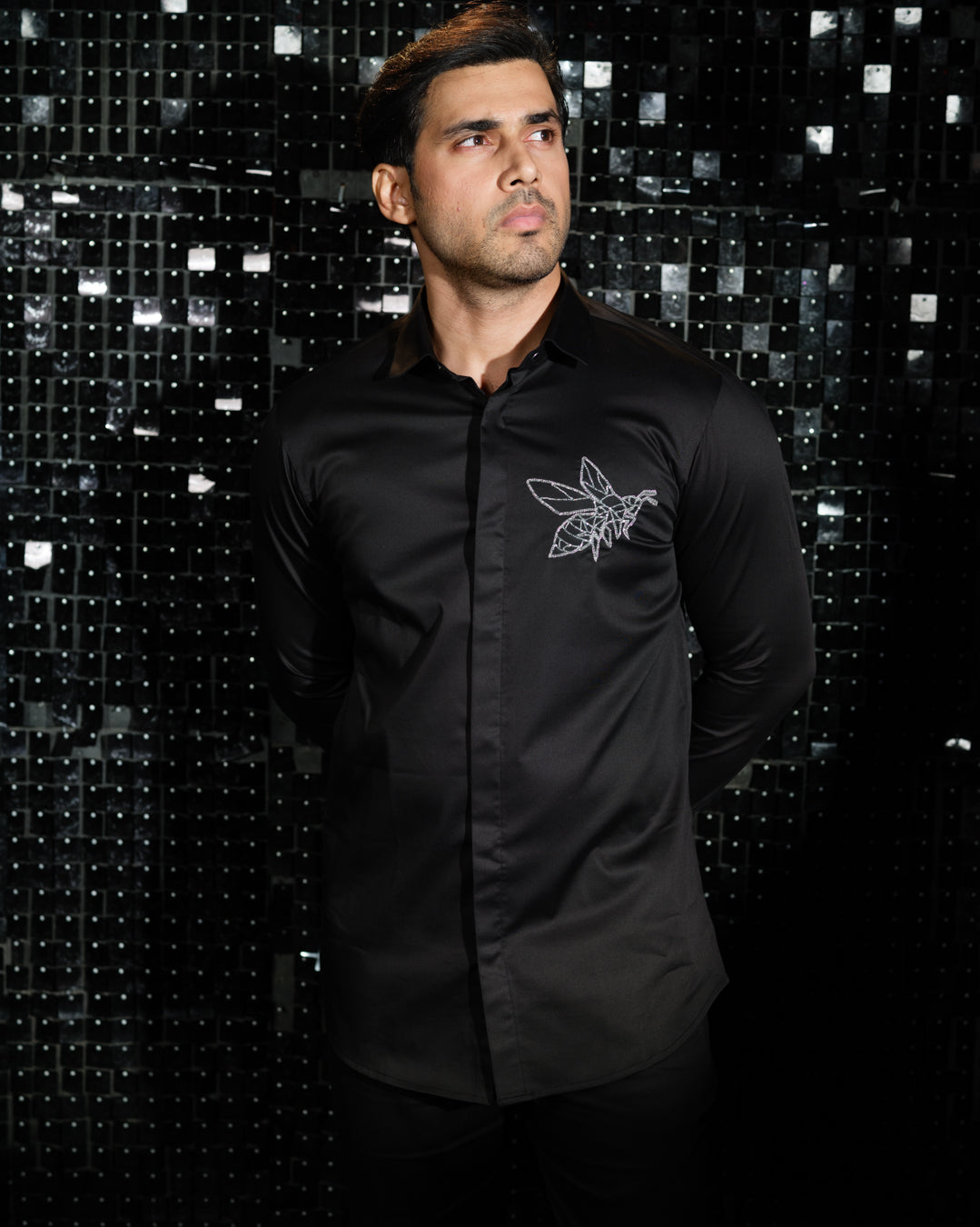 Black shirt with hand embroided Silver Cutdana  Pocket square Bee