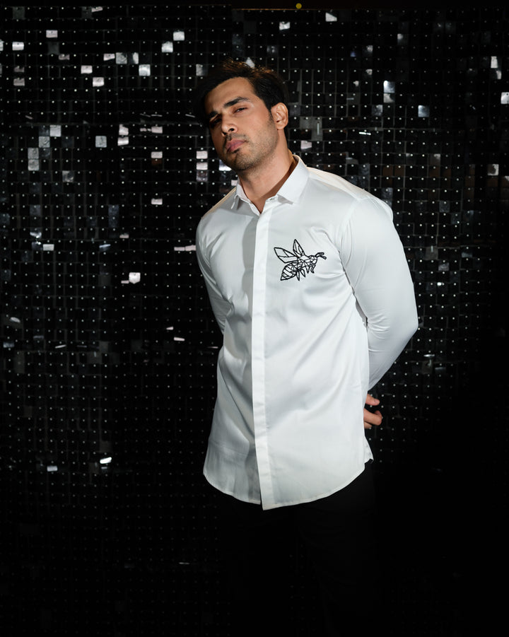 White shirt with hand embroided Black Cutdana Pocket square Bee