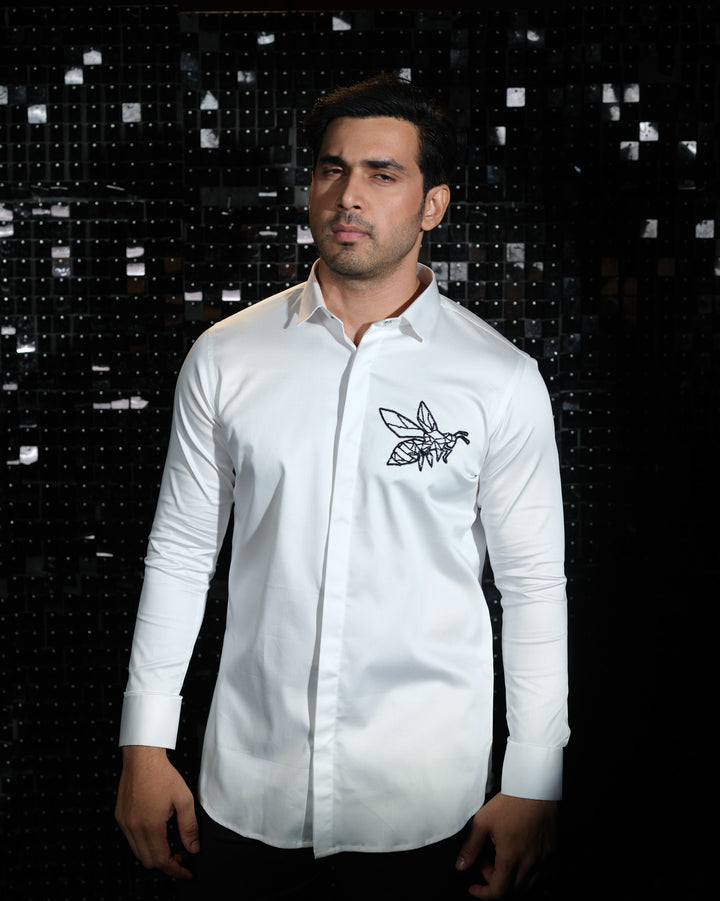 White shirt with hand embroided Black Cutdana Pocket square Bee