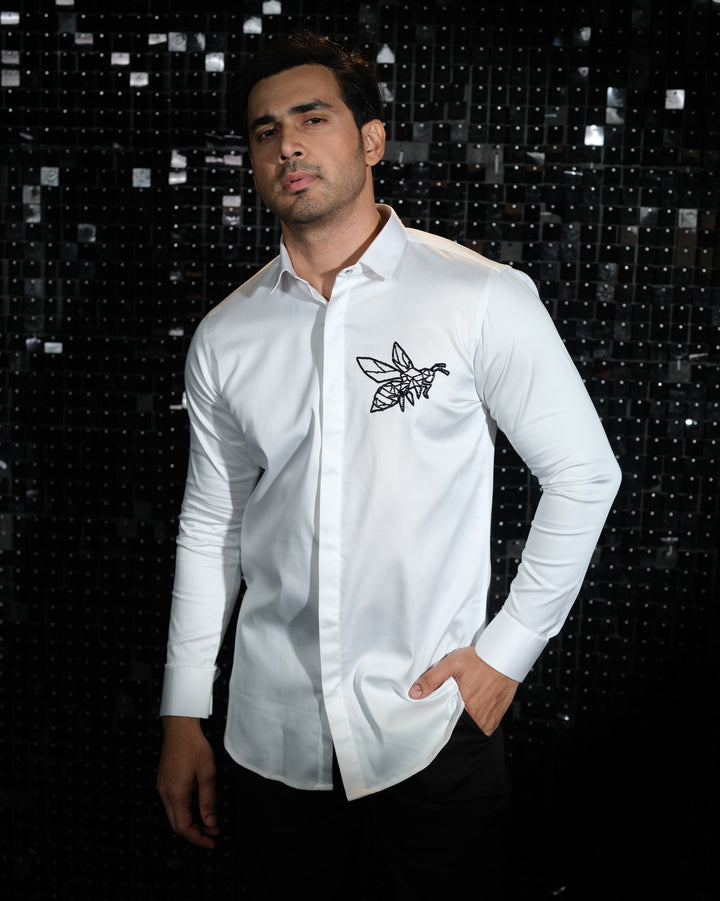 White shirt with hand embroided Black Cutdana Pocket square Bee