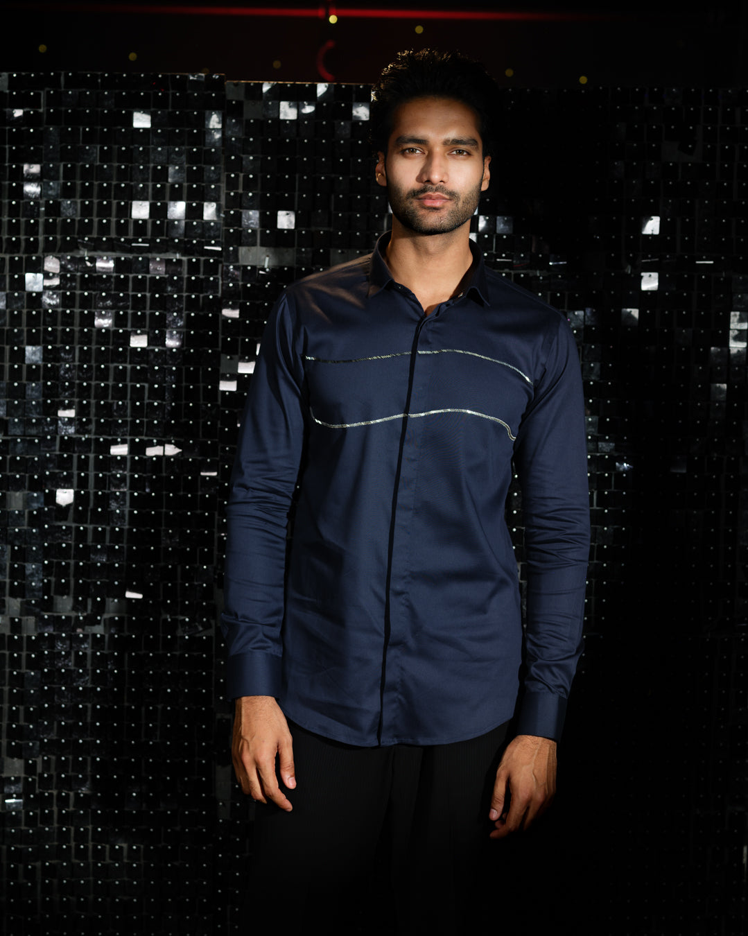 Navy Blue shirt with hand embroided Curved Parallel Lines