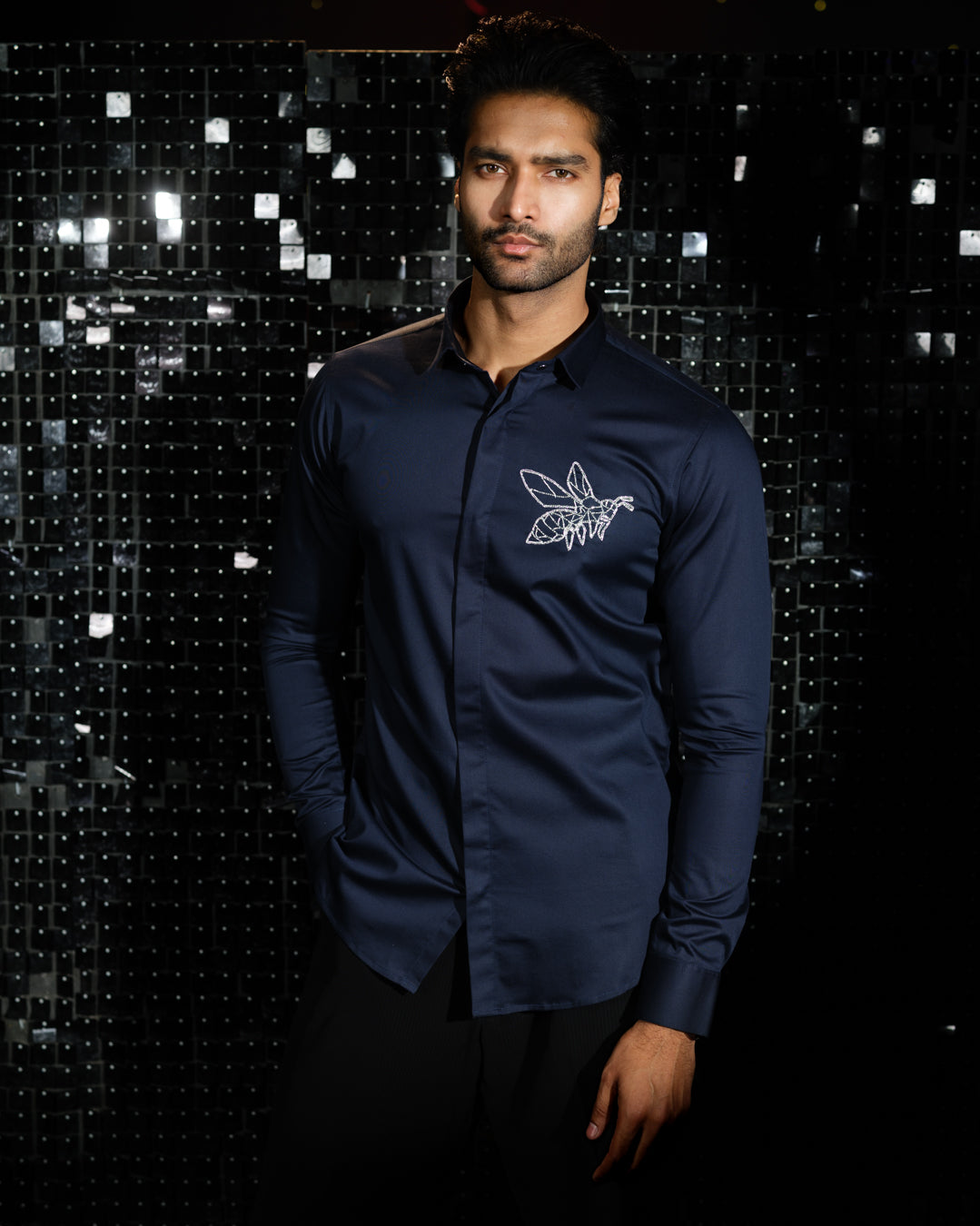 Navy Blue shirt with hand embroided Silver Cutdana  Pocket square Bee