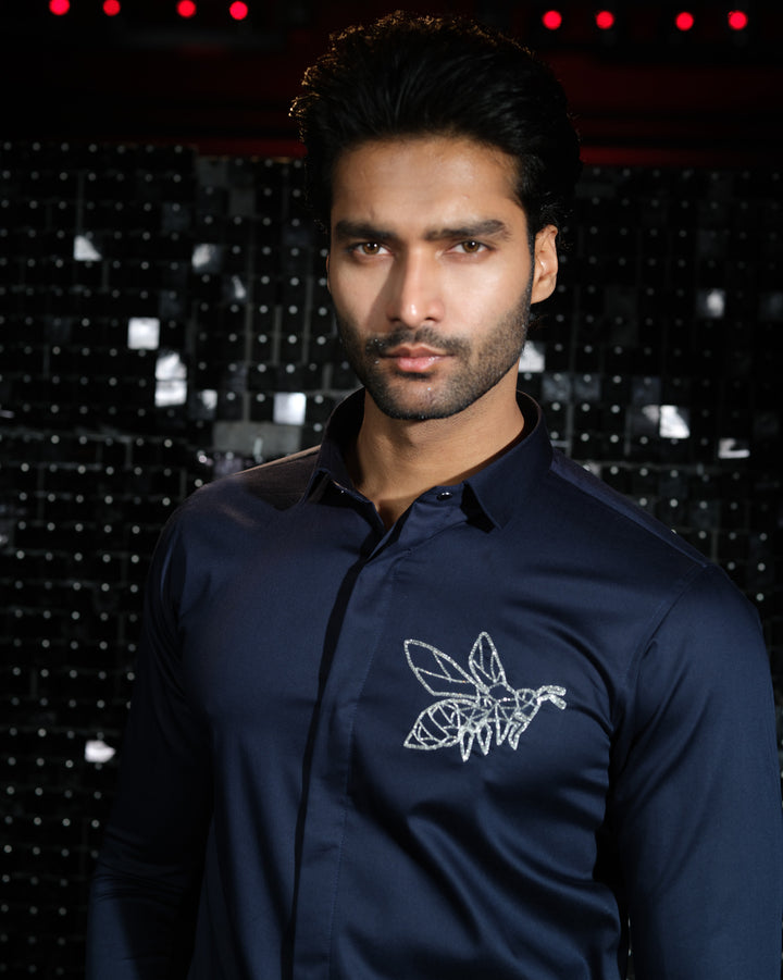 Navy Blue shirt with hand embroided Silver Cutdana  Pocket square Bee