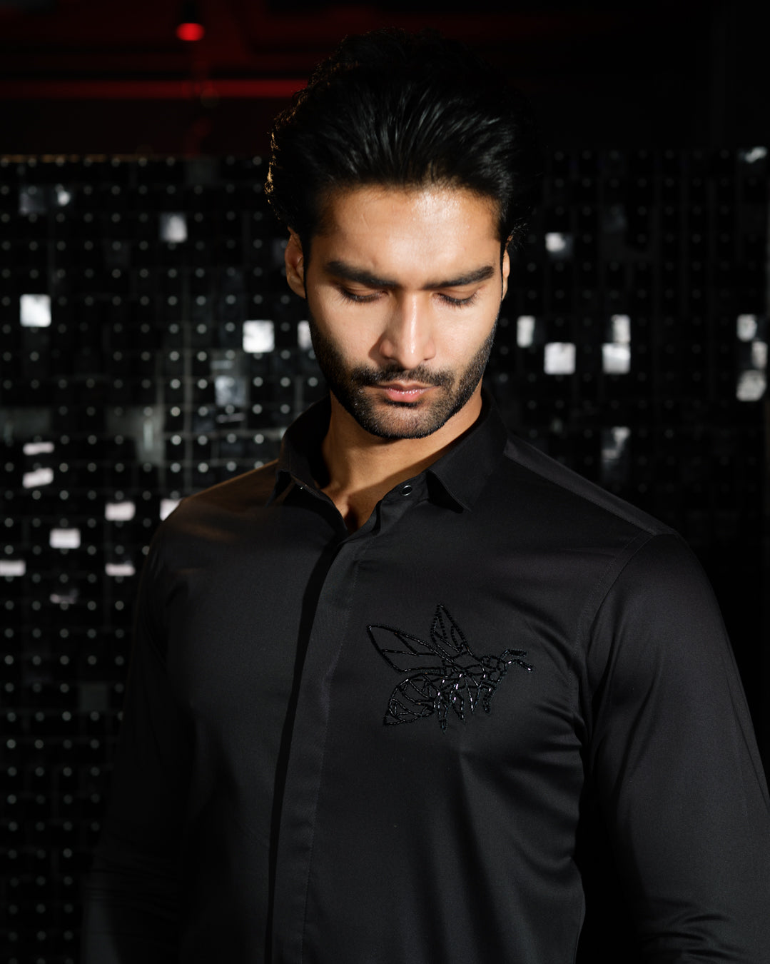 Black shirt with hand embroided Black Cutdana  Pocket square Bee