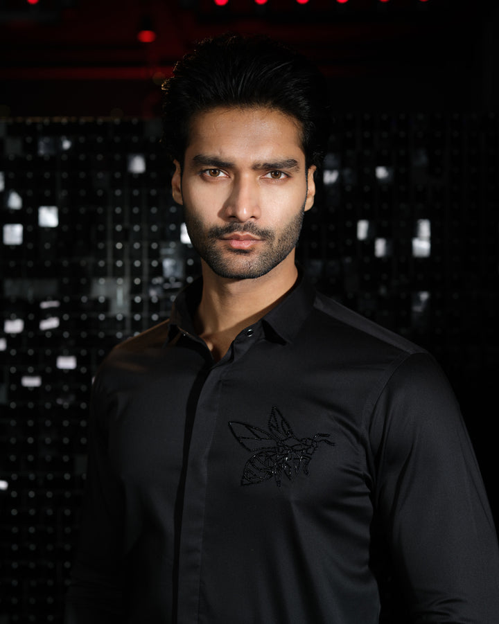 Black shirt with hand embroided Black Cutdana  Pocket square Bee