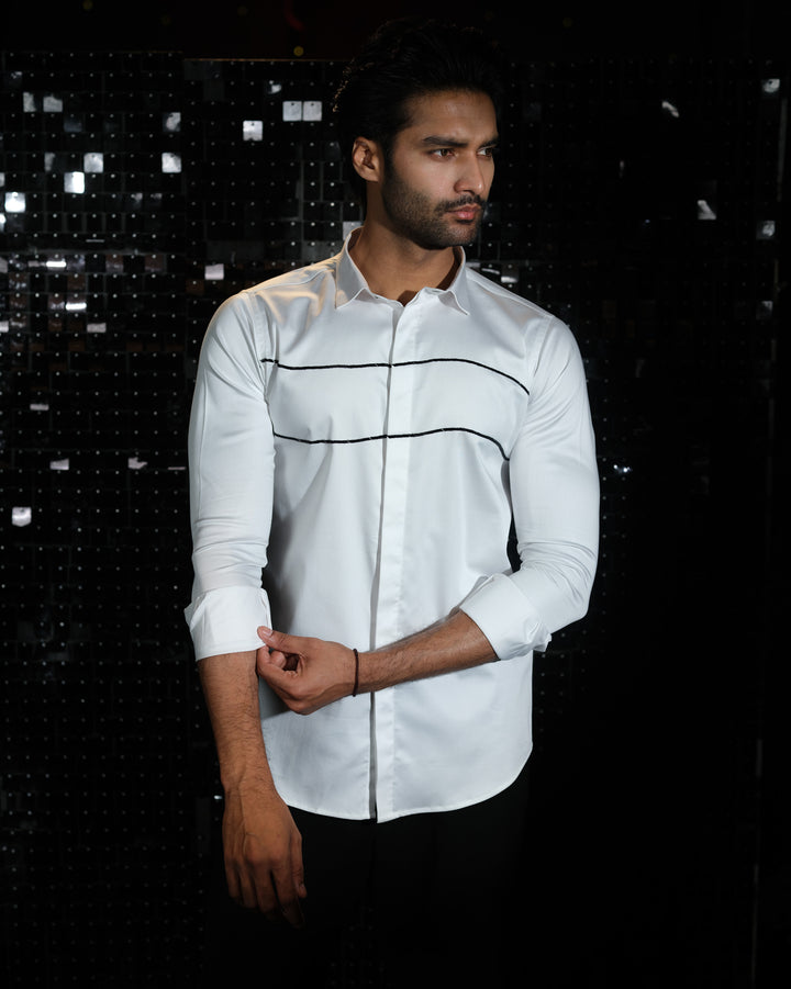 White shirt with hand embroided Curved Parallel Lines