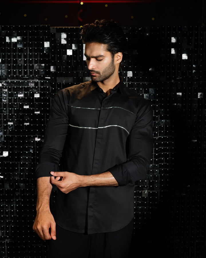 Black shirt with hand embroided Curved Parallel Lines