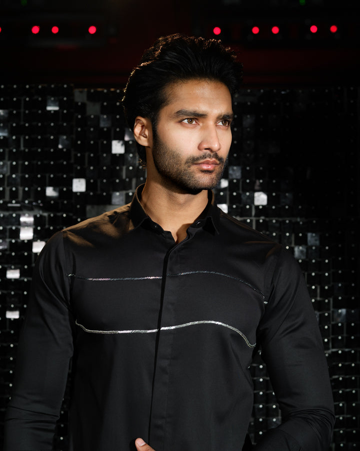 Black shirt with hand embroided Curved Parallel Lines