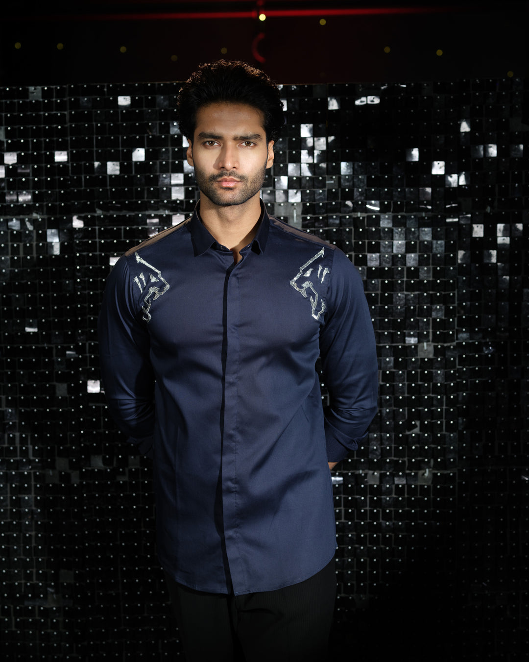 Navy Blue shirt with hand embroided Silver Sally two side Panther