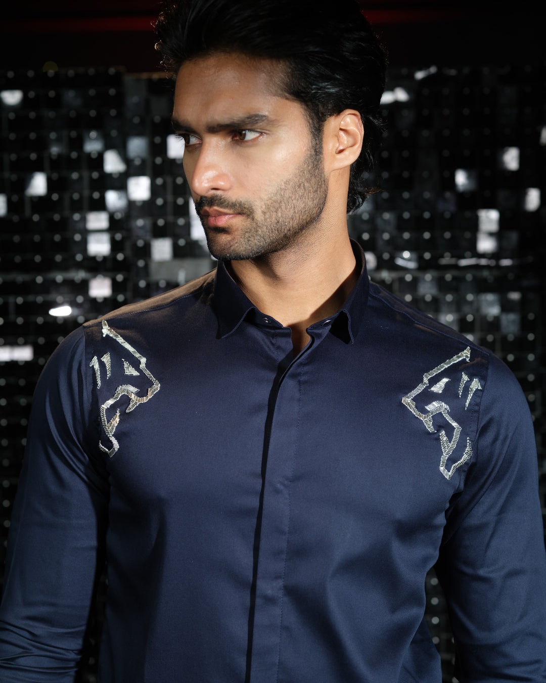 Navy Blue shirt with hand embroided Silver Sally two side Panther