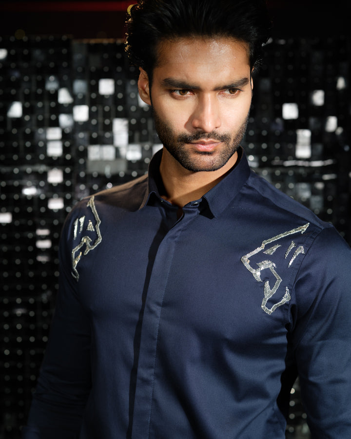 Navy Blue shirt with hand embroided Silver Sally two side Panther