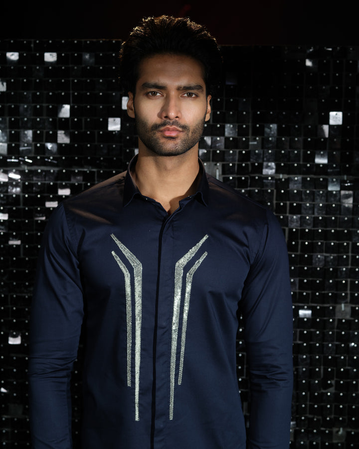 Navy Blue shirt with hand embroided Silver Sally Abstract Lines