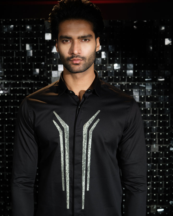 Black shirt with hand embroided Silver Sally Abstract Lines