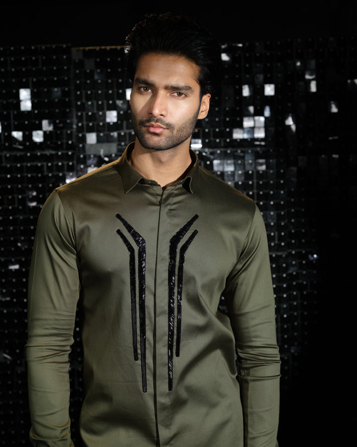 Olive Green shirt with hand embroided Black Sally Abstract Lines