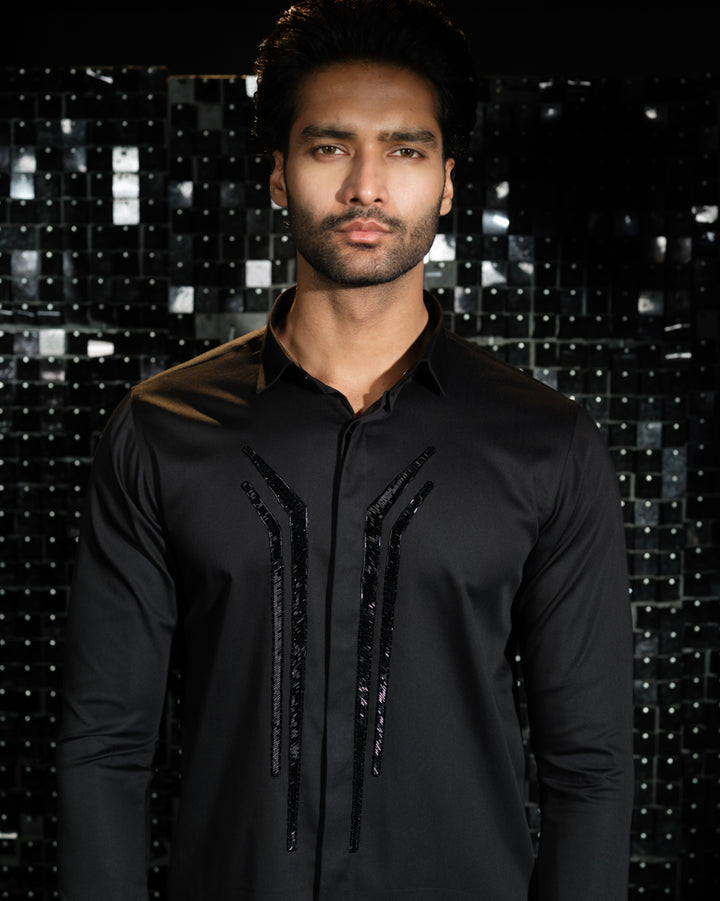 Black shirt with hand embroided Black Sally Abstract Lines