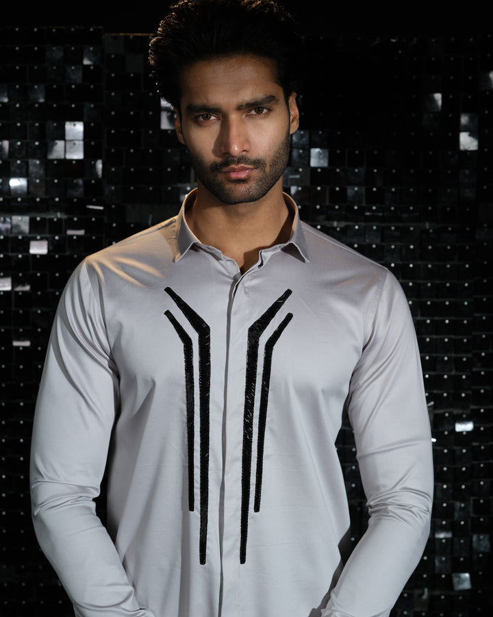 Grey shirt with hand embroided Black Sally Abstract Lines