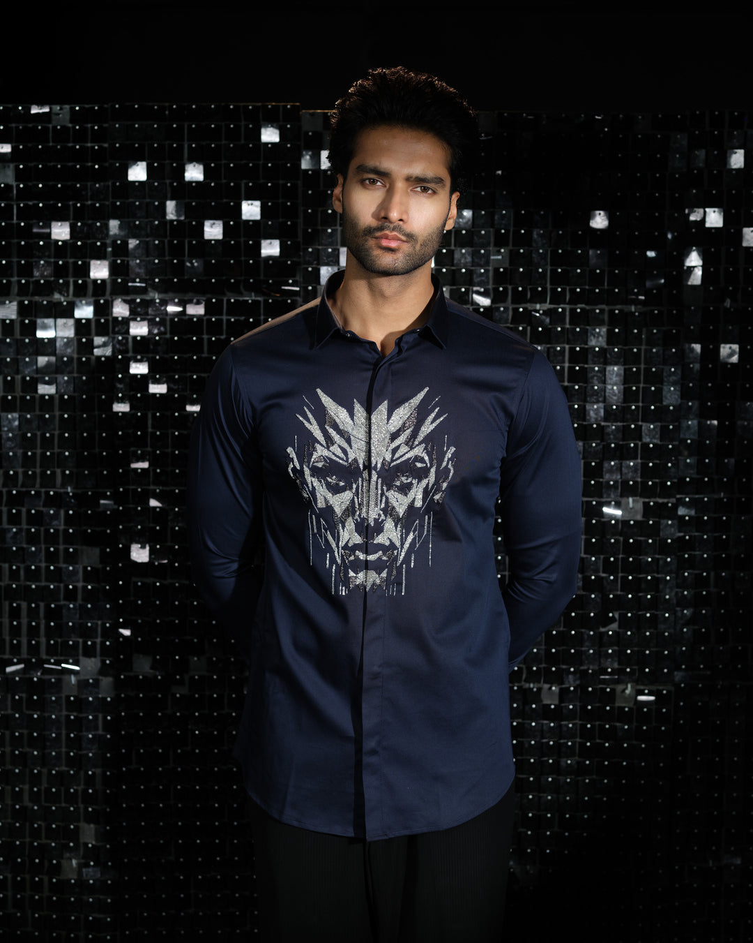 Navy Blue shirt with hand embroided Medium size 3D Human Face