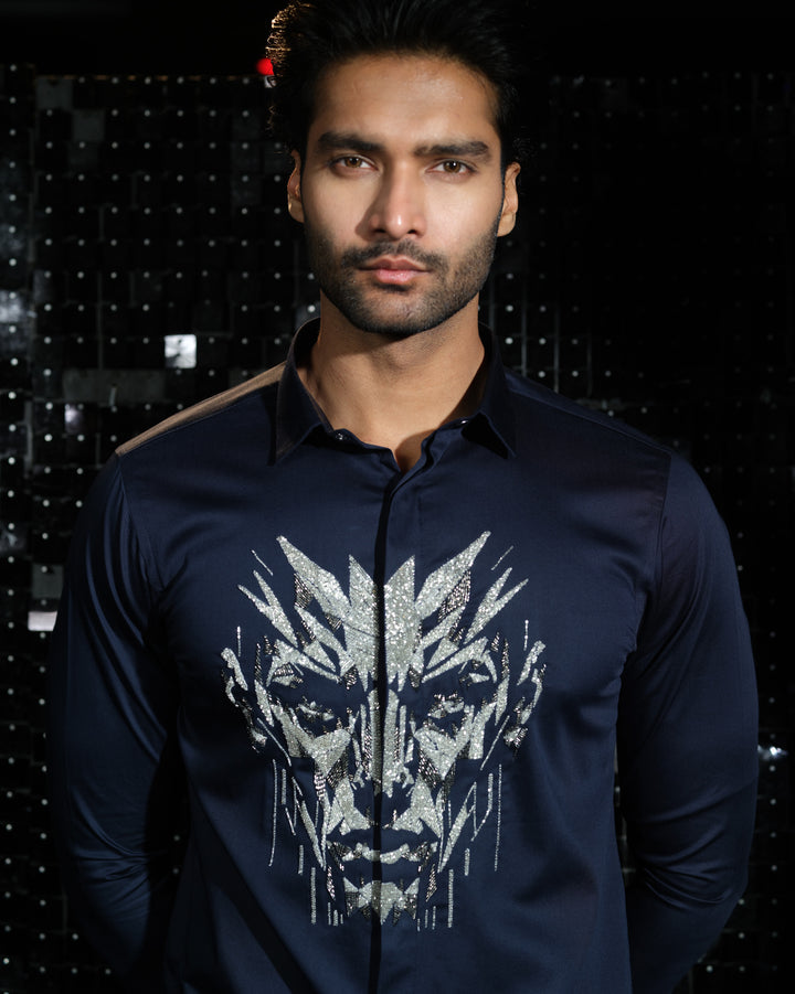 Navy Blue shirt with hand embroided Medium size 3D Human Face