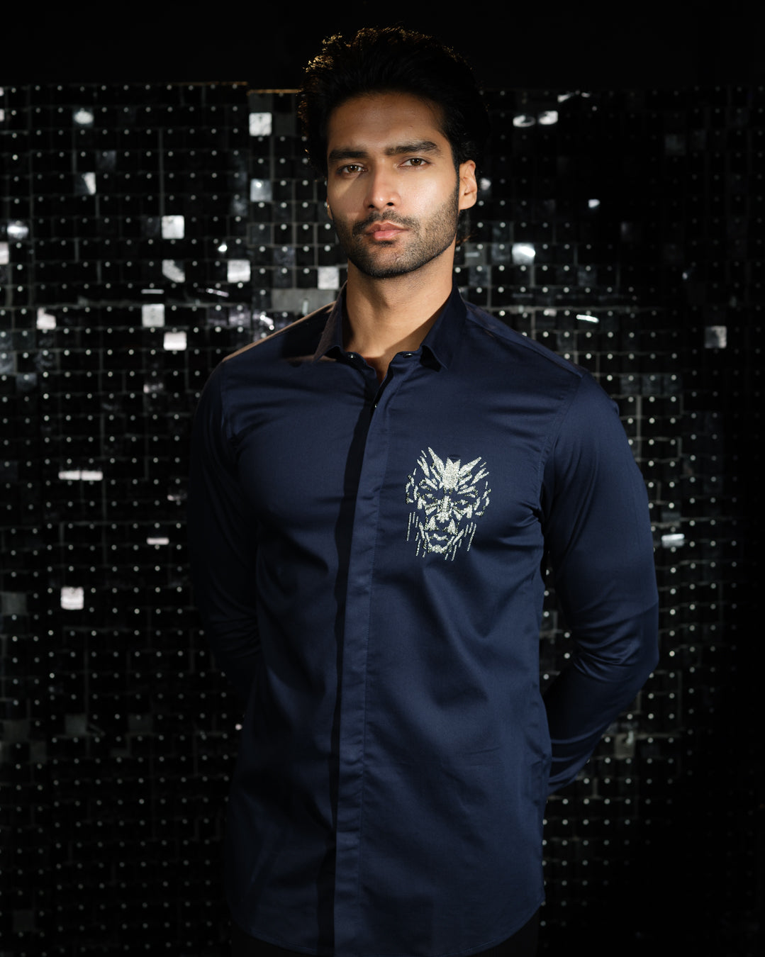 Navy Blue shirt with hand embroided 3D Human Face Pocket square