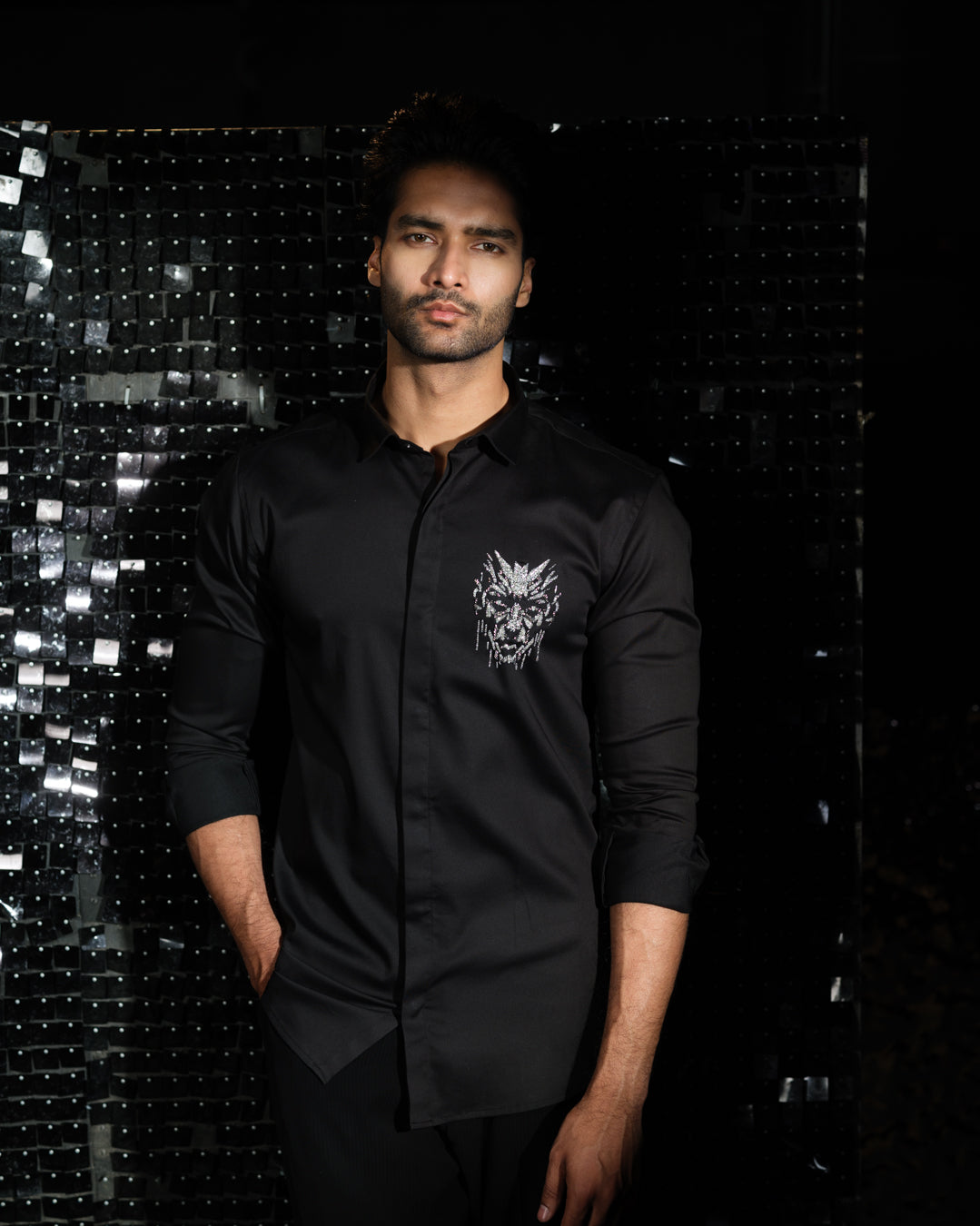 Black shirt with hand embroided 3D Human Face Pocket square