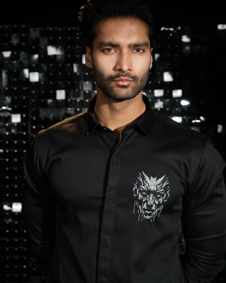 Black shirt with hand embroided 3D Human Face Pocket square