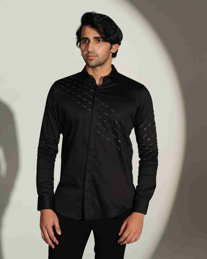 Black Shirt with Silver Slanting Sally lines