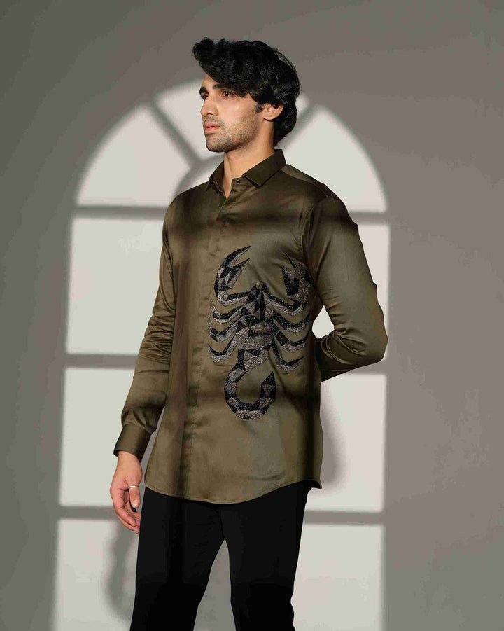 Olive Green Shirt with 3D Scorpion