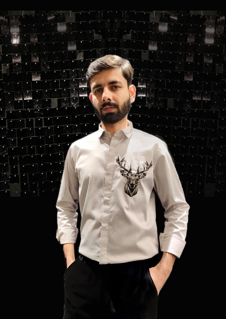 Grey shirt with hand embroided 3D Rendeer Pocket square