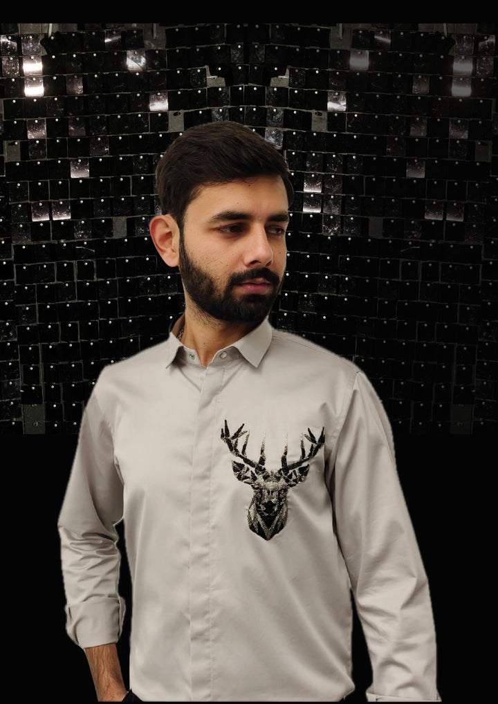 Grey shirt with hand embroided 3D Rendeer Pocket square