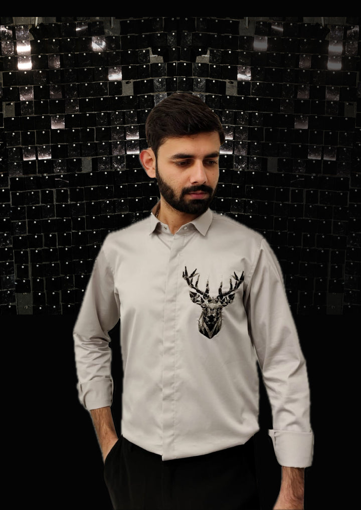 Grey shirt with hand embroided 3D Rendeer Pocket square