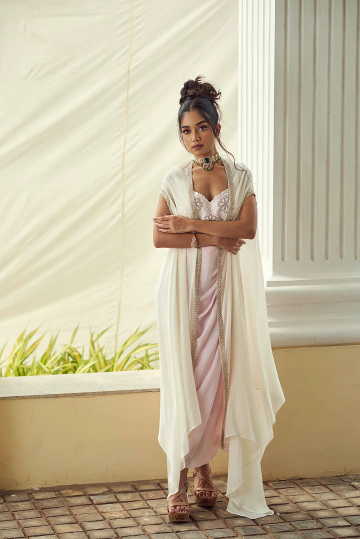 PINK CROP TOP WITH PLEATED SKIRT AND LONG CAPE