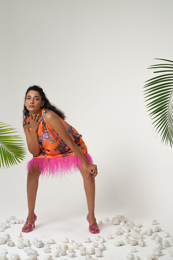 ORANGE PRINT FEATHER DRESS