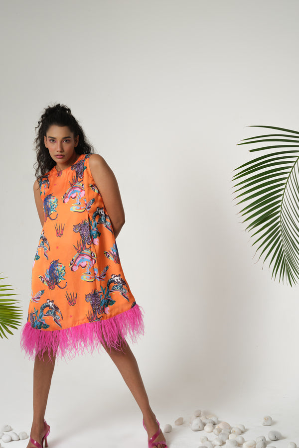 ORANGE PRINT FEATHER DRESS