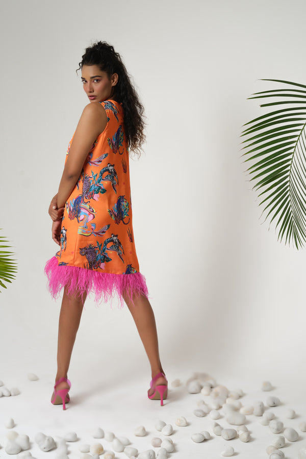 ORANGE PRINT FEATHER DRESS