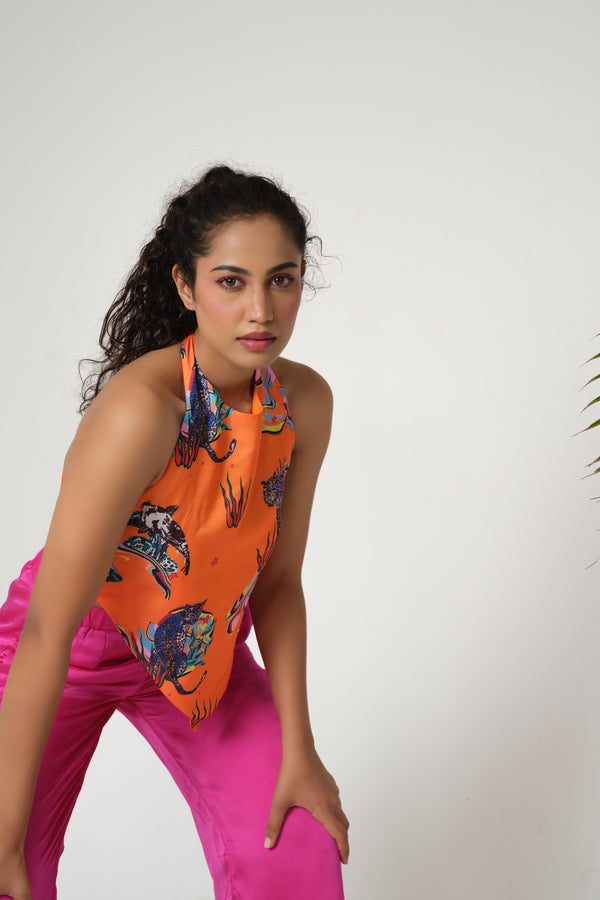 ORANGE PRINT HALTER TOP