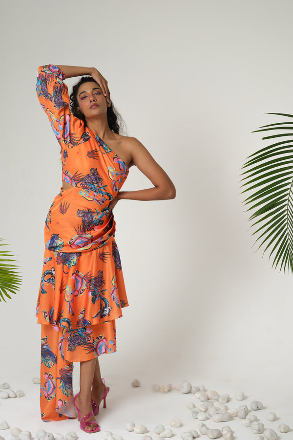 ORANGE PRINT RUFFLE PLEATED DRESS