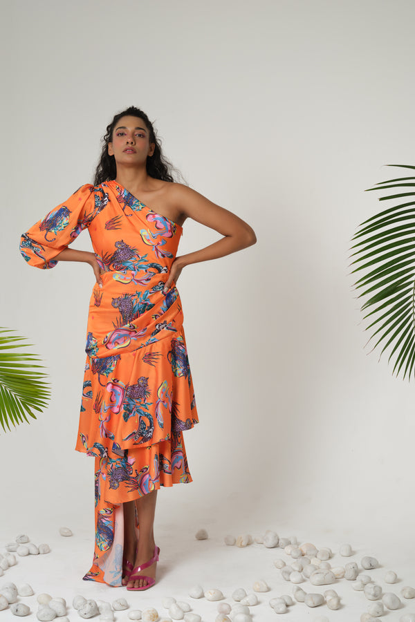 ORANGE PRINT RUFFLE PLEATED DRESS