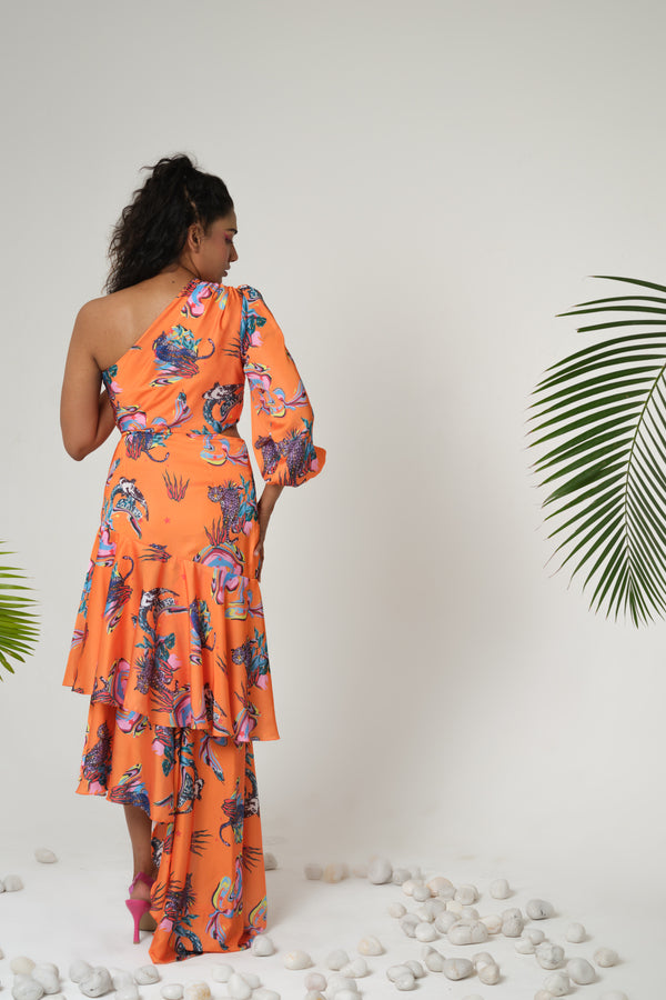 ORANGE PRINT RUFFLE PLEATED DRESS