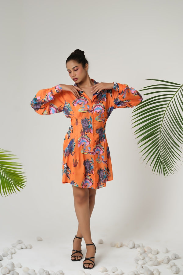 ORANGE PRINT SHIRT DRESS