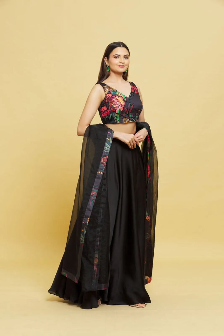 EMBROIDERED PRINT LEHENGA WITH BLACK LEHENGA AND BLOUSE