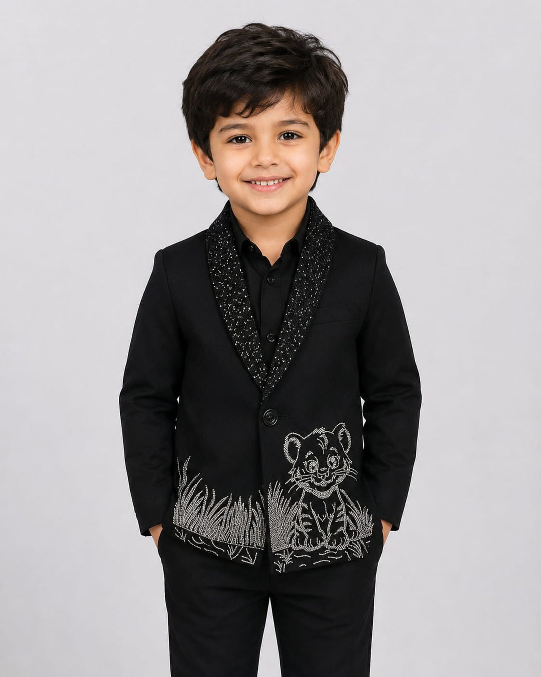 BLACK BLAZER WITH  HAND EMBROIDERED BABY CUB WITH GRASS & BLACK WORK ON BLAZER LAPELS