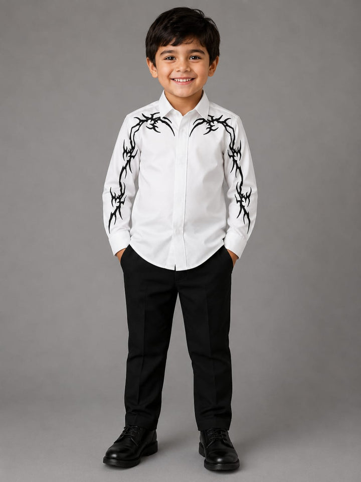 BOY WHITE SHIRT WITH HAND EMBROIDERED BLACK GOTHIK ON SLEEVES AND SHOULDER