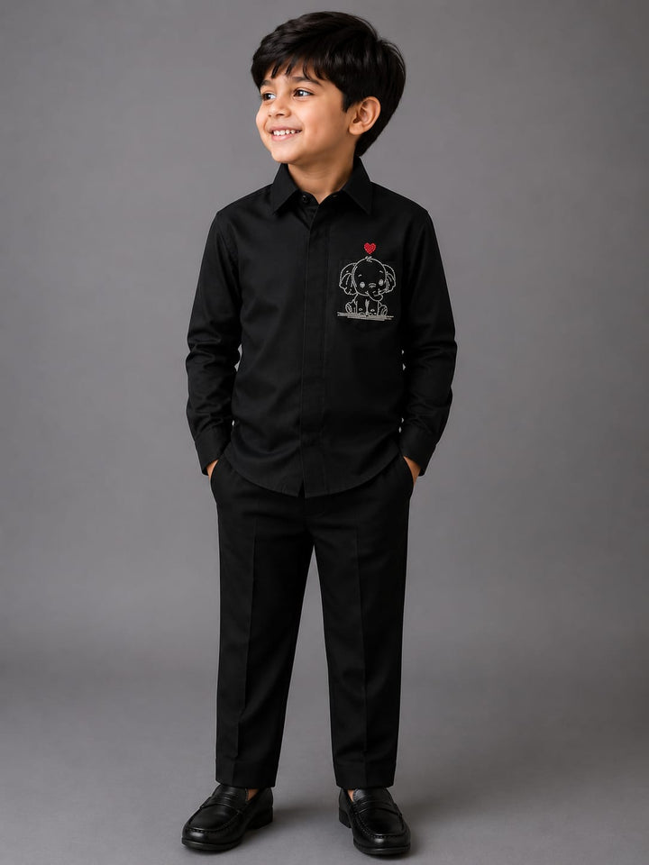 BOY BLACK SHIRT WITH HAND EMBROIDERED SILVER CALF ON POCKET SQAURE