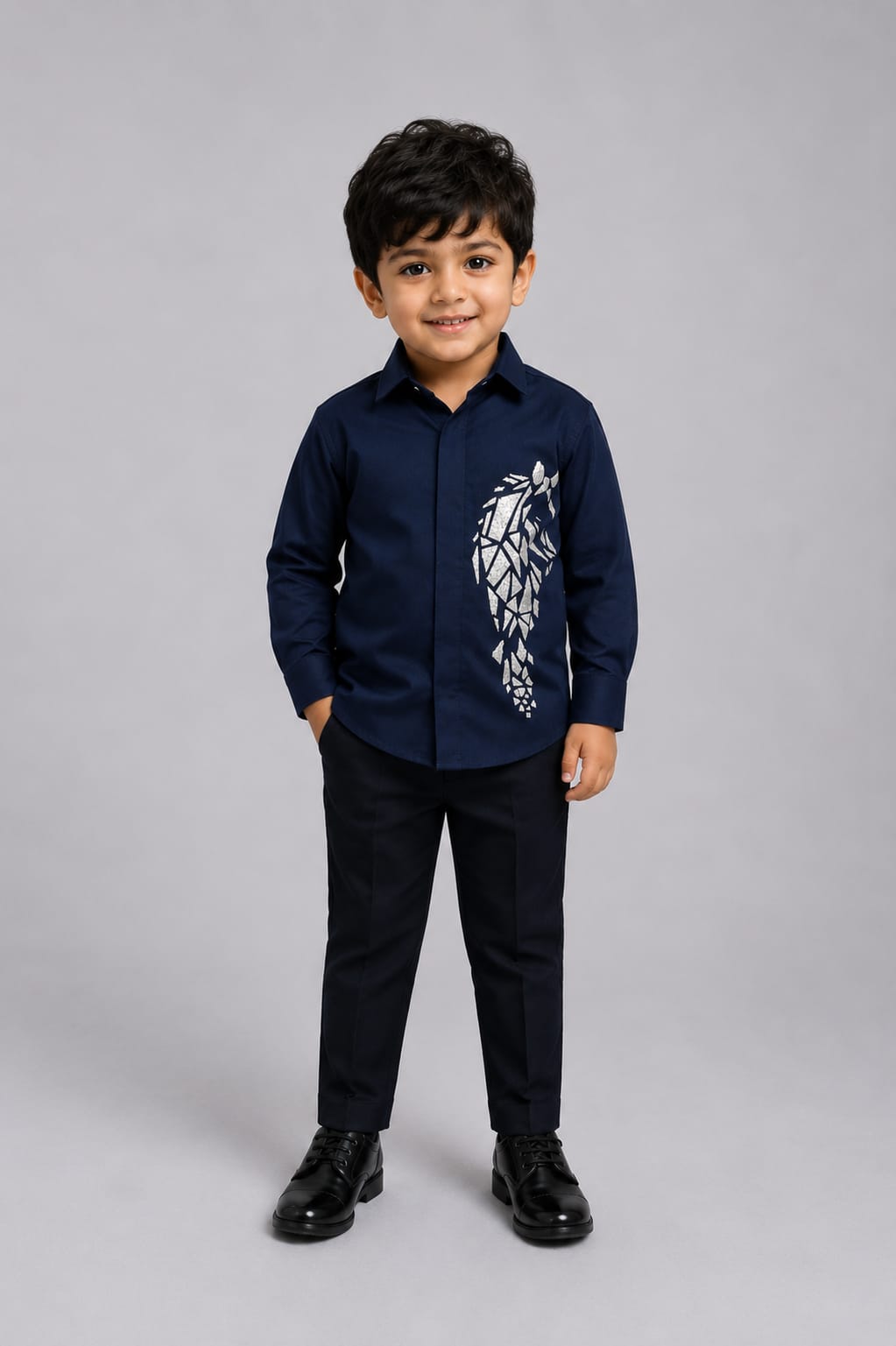BOY NAVY BLUE SHIRT WITH HAND EMBROIDERED  SILVER HORSE
