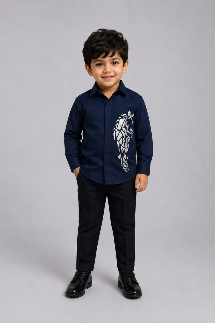 BOY NAVY BLUE SHIRT WITH HAND EMBROIDERED  SILVER HORSE