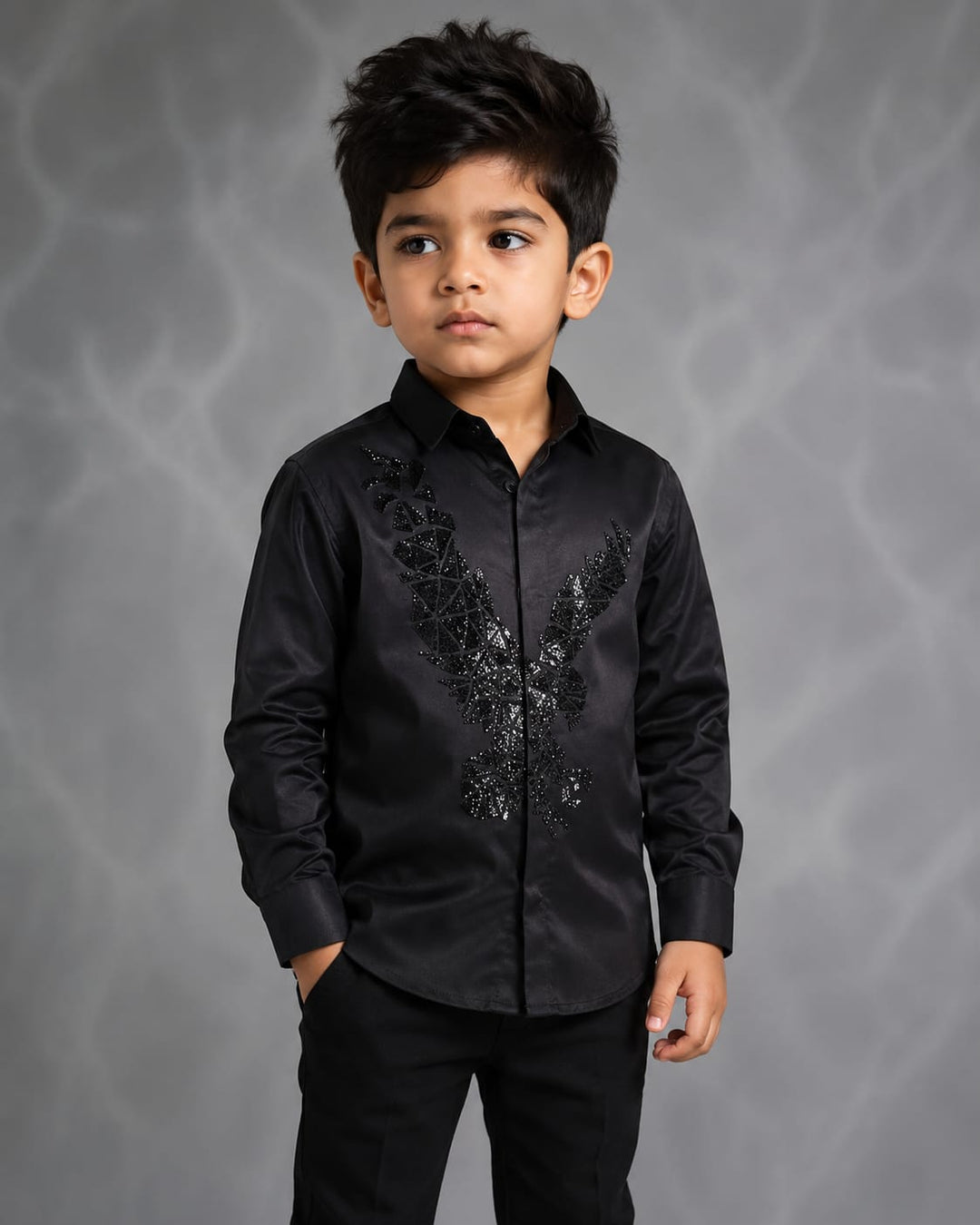 BOY BLACK SHIRT WITH HAND EMBROIDERED BLACK EAGLE CENTER